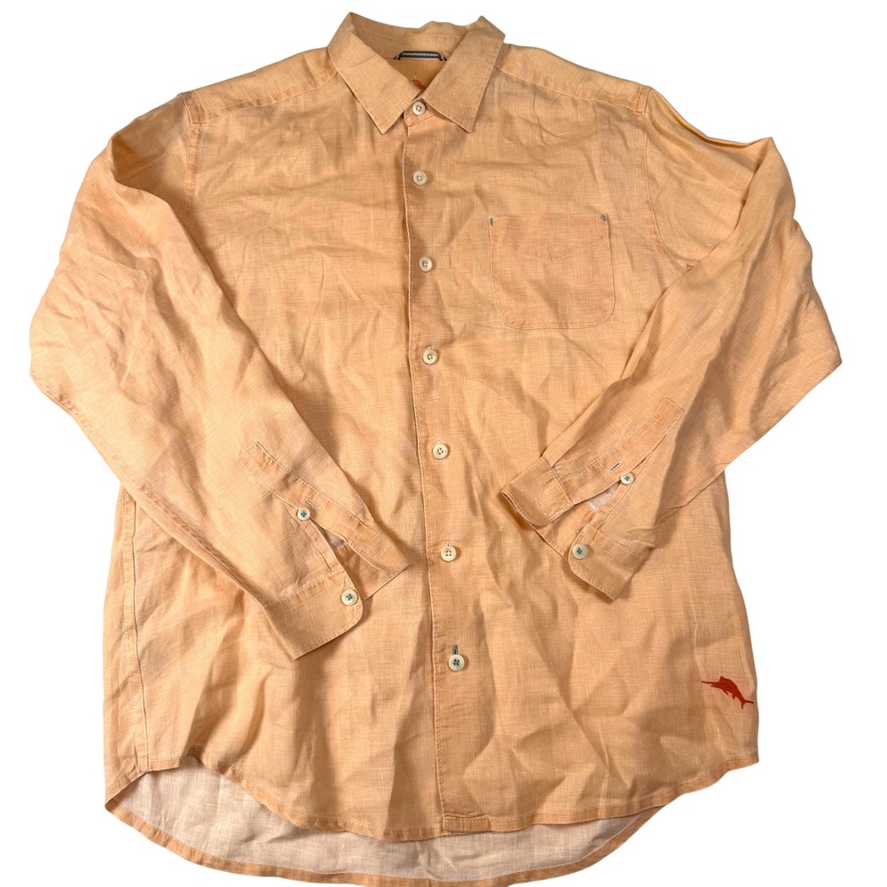 Tommy Bahama Relax Shirt‎ Mens Medium Peach 100% Linen Long Sleeve Button Down
